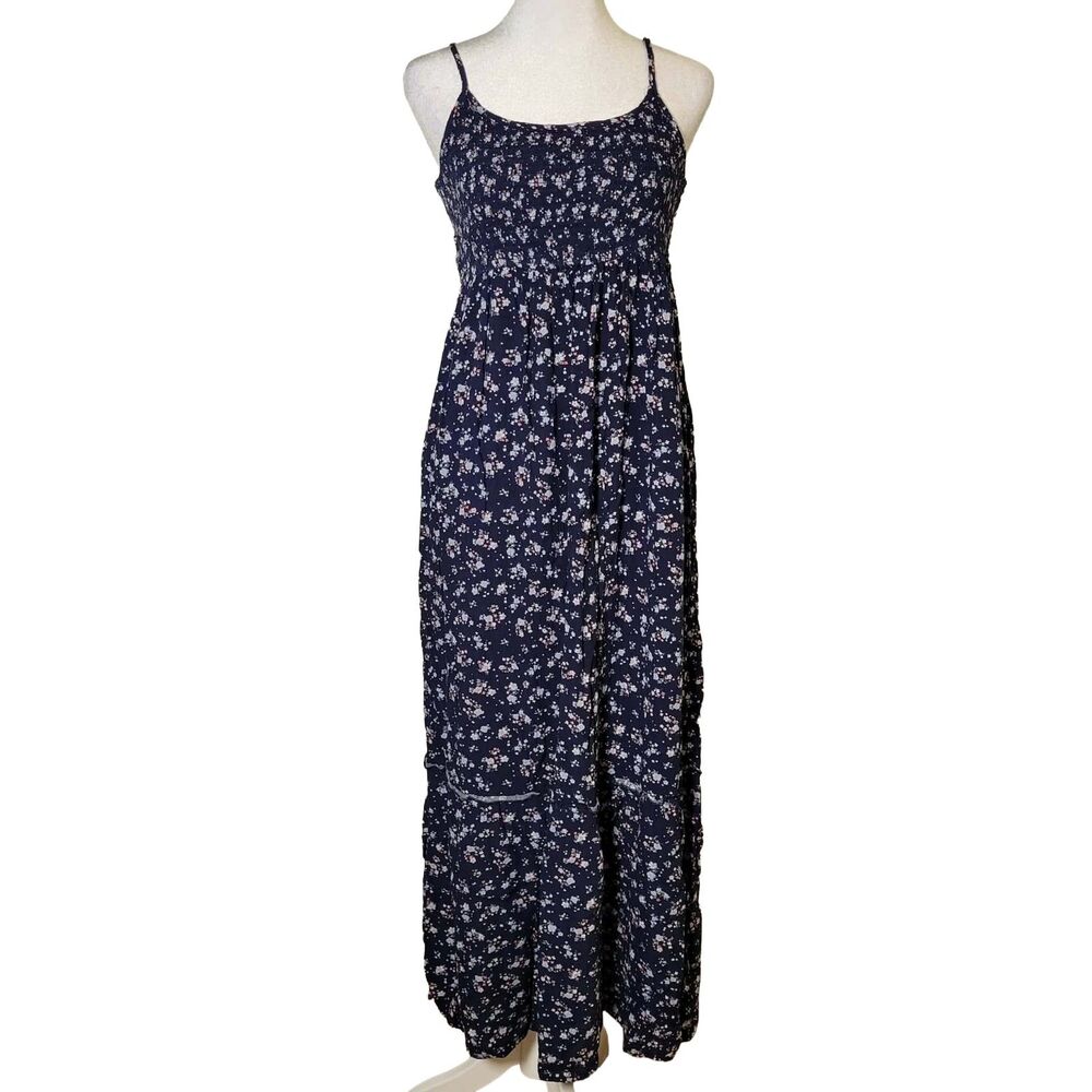 Navy Blue Ditsy Floral Smocked Tiered Maxi Sundress M Boho Cottagecore Fairycore